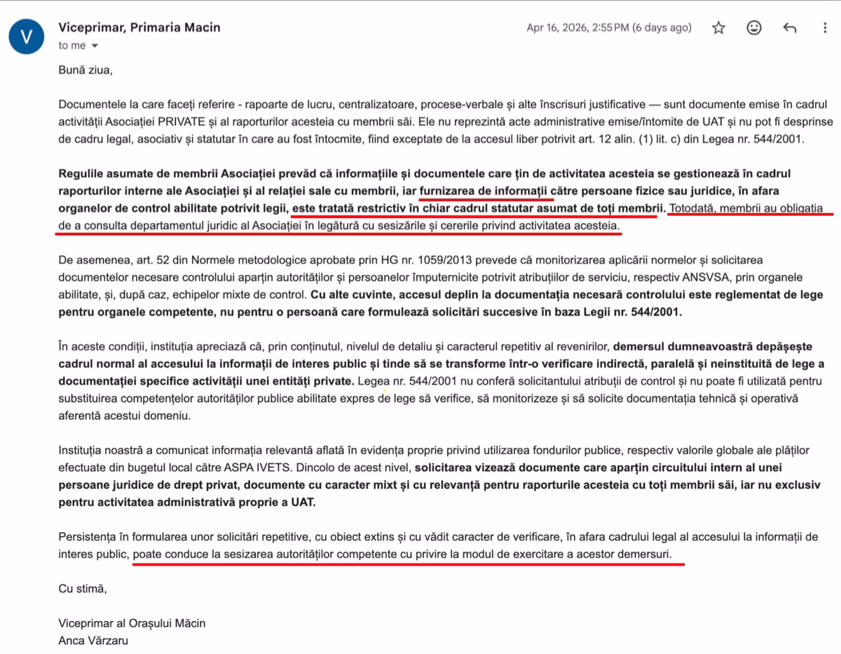 Viceprimarul orașului Măcin a confirmat în scris că toate răspunsurile la solicitările de informații publice trec obligatoriu prin departamentul juridic al asociației private - și a avertizat că persistența în formularea solicitărilor poate conduce la sesizarea autorităților