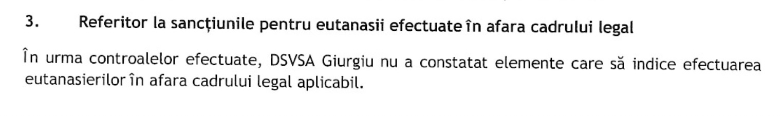 Răspuns DSVSA Giurgiu despre legalitatea eutanasierilor din adăpostul privat ASPA Ivets