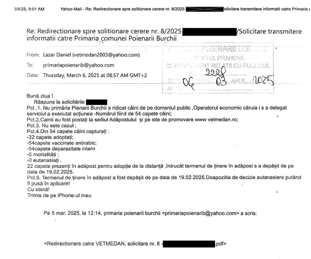 Răspunsul oficial al S.C. Vetmedan S.R.L. menționează 0 mortalități, 54 de vaccinări și 54 de deparazitări