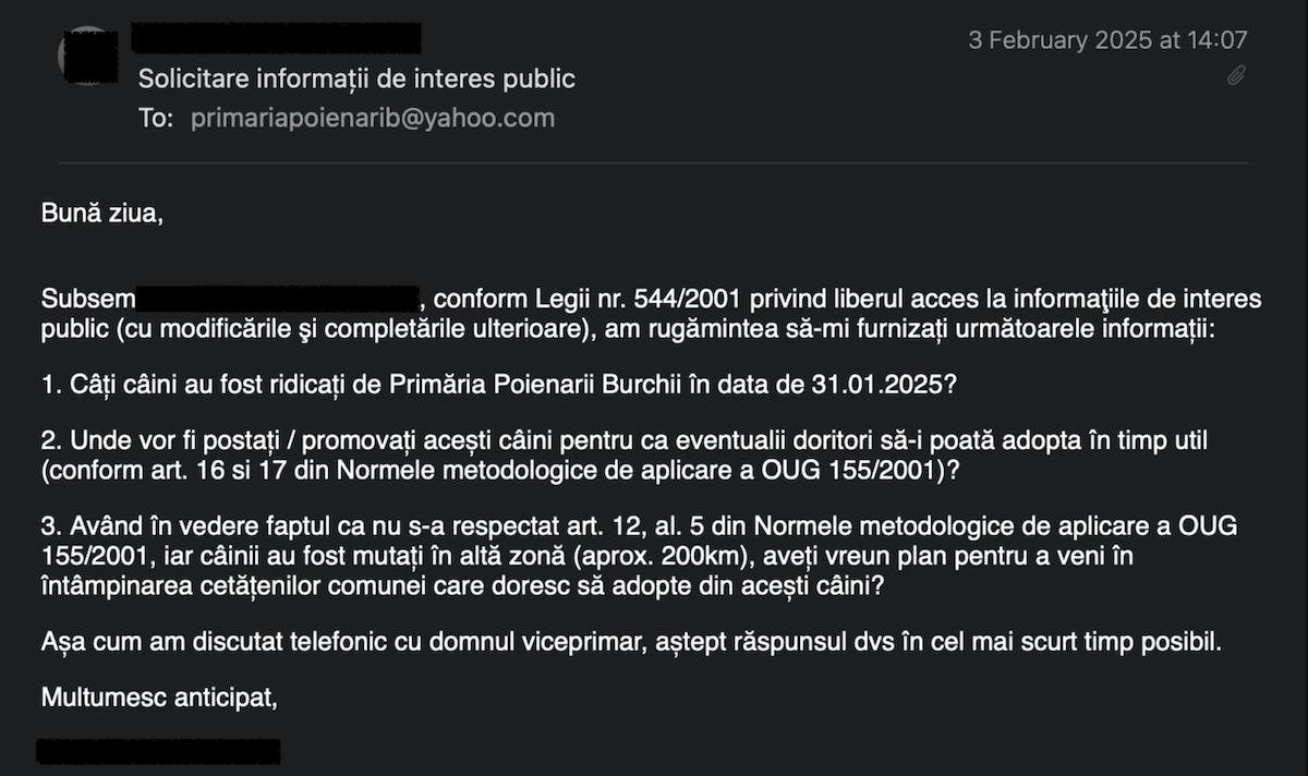 Solicitarea transmisă de un voluntar primăriei Poienarii Burchii